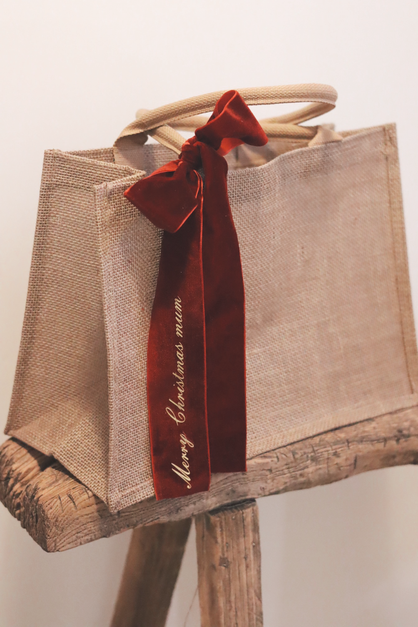 Hessian gift bag- personalised velvet Christmas ribbon