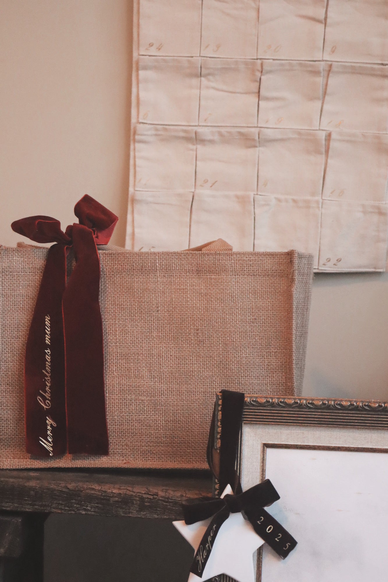 Hessian gift bag- personalised velvet Christmas ribbon